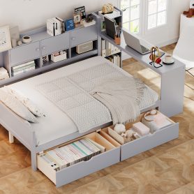 Wooden L-Shape Full Daybed Frame with Study Desk and Built-in Bookshelf