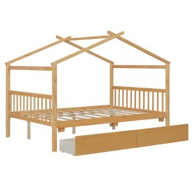 Full Size Wooden House Bed With Drawers