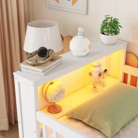 Wood Low Twin Size Loft Bed With LED, Bookshelf, Stairs, Storage Drawers And Shelves