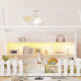 Wood Twin Size House Bed With LED Light, Storage Bookshelf, and Guardrails