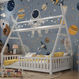 Low Floor Twin House Bed With Light, Fence And Roof 31 Low Floor Twin House Bed With Light, Fence And Roof