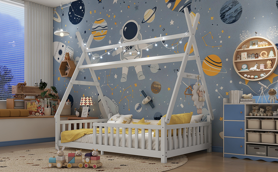 Low Floor Twin House Bed With Light, Fence And Roof 11 Low Floor Twin House Bed With Light, Fence And Roof