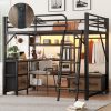 Full Size Loft Bed with Desk and Light, Metal Loft Bed with Storage Shelves