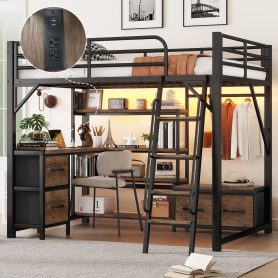 Full Size Loft Bed with Desk and Light, Metal Loft Bed with Storage Shelves