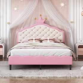 Full Size Lovely Crown Fantasy PU Leather Princess Bed With Tufted Headboard