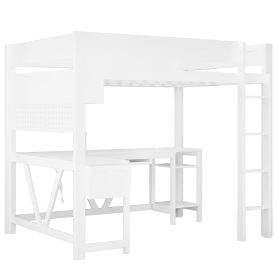 Wood Full Size Gaming Loft Bed with Desk, Storage Shelves, LED and Charging Station