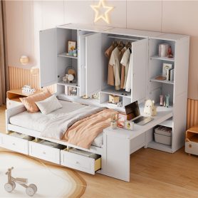 Full Size Wooden Daybed With Three Drawers, and All-in-One Cabinet, Desk and Shelves