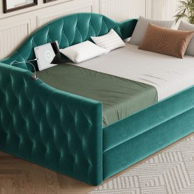 Twin Size Tufted Upholstered Daybed With Trundle, USB & Type-c Charging Ports