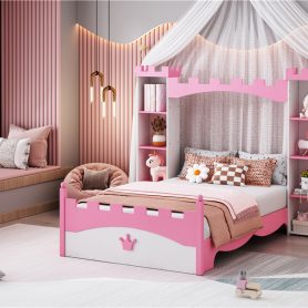 Castle-Shaped Twin Wooden Bed with Storage Shelf