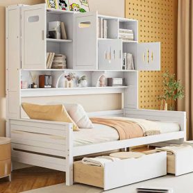 Twin Size Wooden Daybed With 2 Drawers, and All-in-One Cabinet and Shelf 50 Twin Size Wooden Daybed With 2 Drawers, and All-in-One Cabinet and Shelf