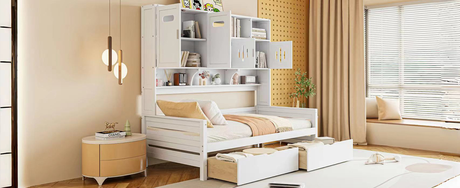 Twin Size Wooden Daybed With 2 Drawers, and All-in-One Cabinet and Shelf 26 Twin Size Wooden Daybed With 2 Drawers, and All-in-One Cabinet and Shelf