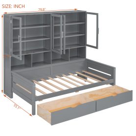 Twin Size Wooden Daybed With Glass-door Storage Cabinets, Built-in LED Lighting And Shelves