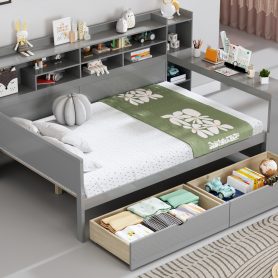 Wooden Full Size Daybed With Storage Shelves, Two Storage Drawers and Study Desk