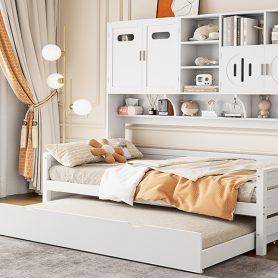 Twin Size Wooden Daybed With Twin Size Trundle, and All-in-One Cabinet and Shelf