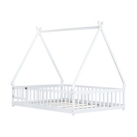 Full Size Rubber Wood Tent-shaped Floor Bed with Guardrails, Slats And Door