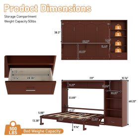 Queen Size Murphy Bed with Height Adjustable Storage Compartments and Shelf