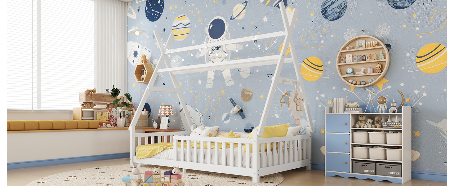 Low Floor Twin House Bed With Light, Fence And Roof 23 Low Floor Twin House Bed With Light, Fence And Roof