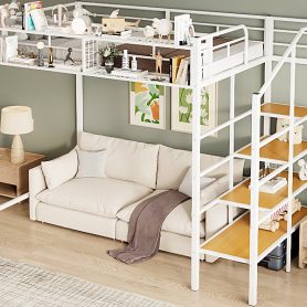 Twin Size Metal Loft Bed with Upper Grid Storage Shelf and Lateral Storage Ladder