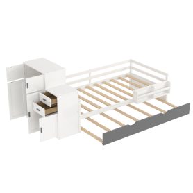 Twin Size Wood Platform Bed With Sample Bookshelf And Movable Wardrobe, Built-in Trundle Bed