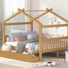Full Size Wooden House Bed With Drawers