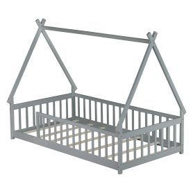 Twin Tent-shaped Teepee Bed with Guardrails, Slats