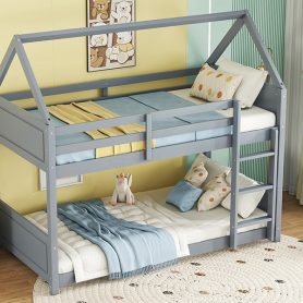 Twin Over Twin House Floor Bunk Bed with Headboards, Footboards and Guardrails, Ladder