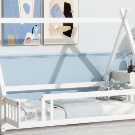 Twin Tent-shaped Floor Bed, Teepee Bed with Guardrails, Slats and Door