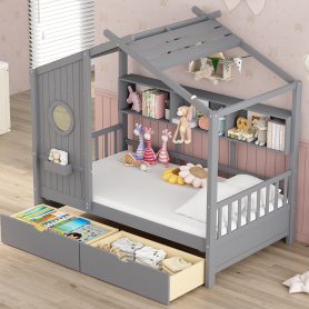 Wooden Twin Size House Bed With 2 Drawers and Storage Shelf