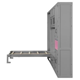 Twin Size Wooden Murphy Bed with TV Stand, 2 Drawers, Shelves, and Cabinets