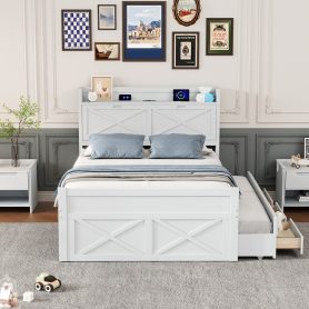 Full Size Wooden Bed With Storage Headboard With Outlets,  Twin Size Trundle With Three Storage Drawers