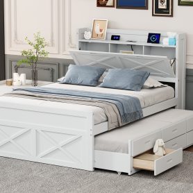 Full Size Wooden Bed With Storage Headboard With Outlets,  Twin Size Trundle With Three Storage Drawers