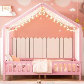 Full Size Montessori Floor Bed With Canopy and High Railings