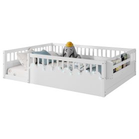 Full Montessori Floor Bed Frame With High Rails, Light And Storage Shelf