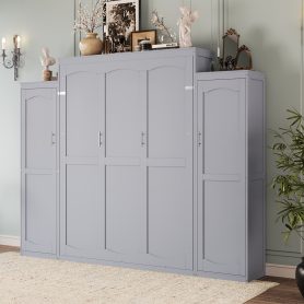 Queen Size Murphy Bed with 2 Wardrobe and Storage Shelf,