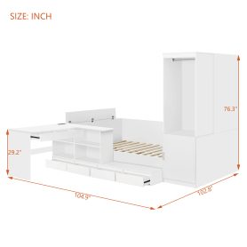 Full Size Wooden Platform Bed With 6 Drawers, Shelves, Desk And Wardrobe