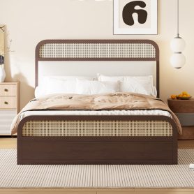 Queen Size Wooden Platform Bed With Trundle And 2 Drawers