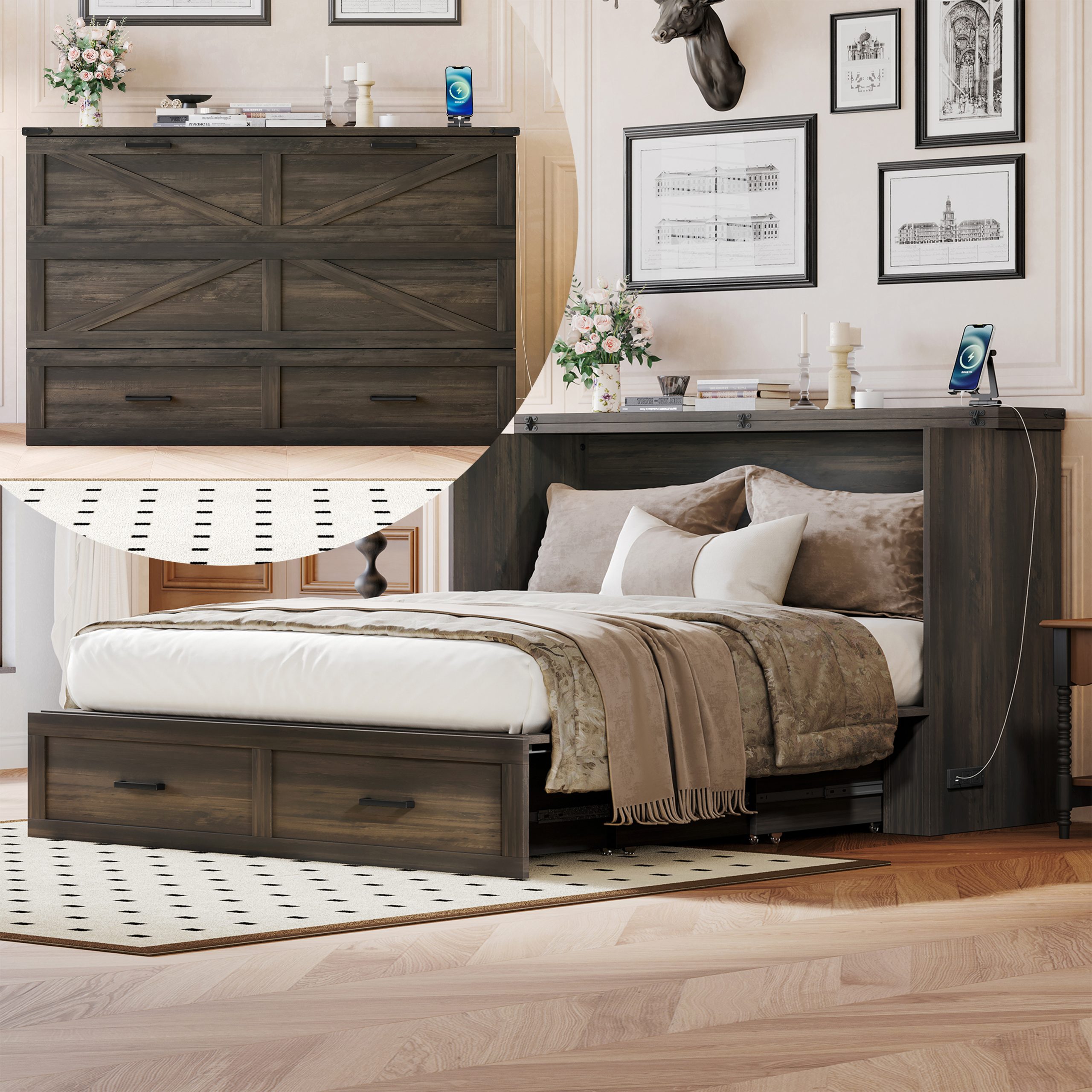 Queen Size Farmhouse Murphy Cabinet Bed with Charging Station