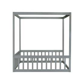 Full Size Canopy Frame Rubber Wood Floor Bed with Fence and Guardrails