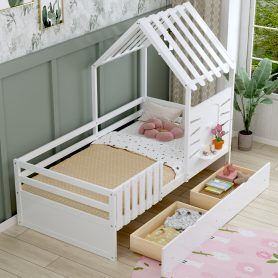 Twin Size House Bed With 2 Storage Drawers and Guardrails