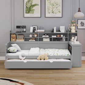 Wooden Twin Size Daybed With Storage Shelves, Twin Size Trundle Bed and  Study Desk