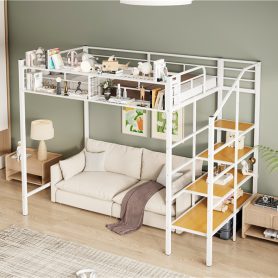 Twin Size Metal Loft Bed with Upper Grid Storage Shelf and Lateral Storage Ladder