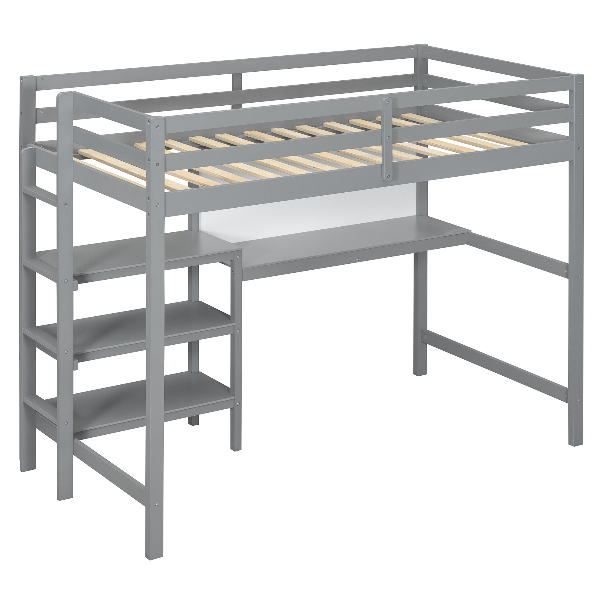 Twin Size Wooden Loft Bed with Shelves, Desk and Writing Board