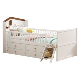 Twin Bed Frame With Storage 4 Drawers, Guardrail Headboard And Ladder