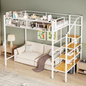 Twin Size Metal Loft Bed with Upper Grid Storage Shelf and Lateral Storage Ladder