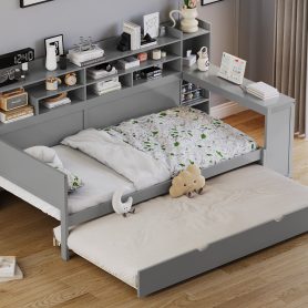 Wooden Twin Size Daybed With Storage Shelves, Twin Size Trundle Bed and  Study Desk