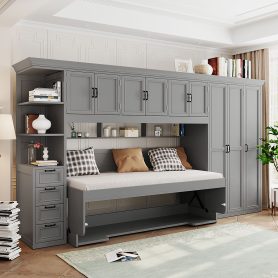 Twin Size Murphy Bed Wall Bed with Wardrobe, Cabinet and Desk