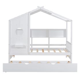 Wooden Twin Size House Bed With Trundle and Storage Shlef