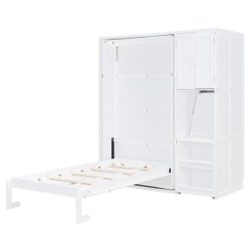 Twin Size Rotating Wall Murphy Beds with Bookshelf, Top Cabinet, Extendable Desk & Side Storage