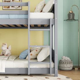 Twin Over Twin House Floor Bunk Bed with Headboards, Footboards and Guardrails, Ladder