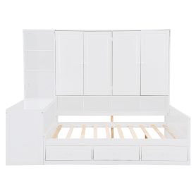 Full Size Wooden Daybed With Three Drawers, and All-in-One Cabinet, Desk and Shelves